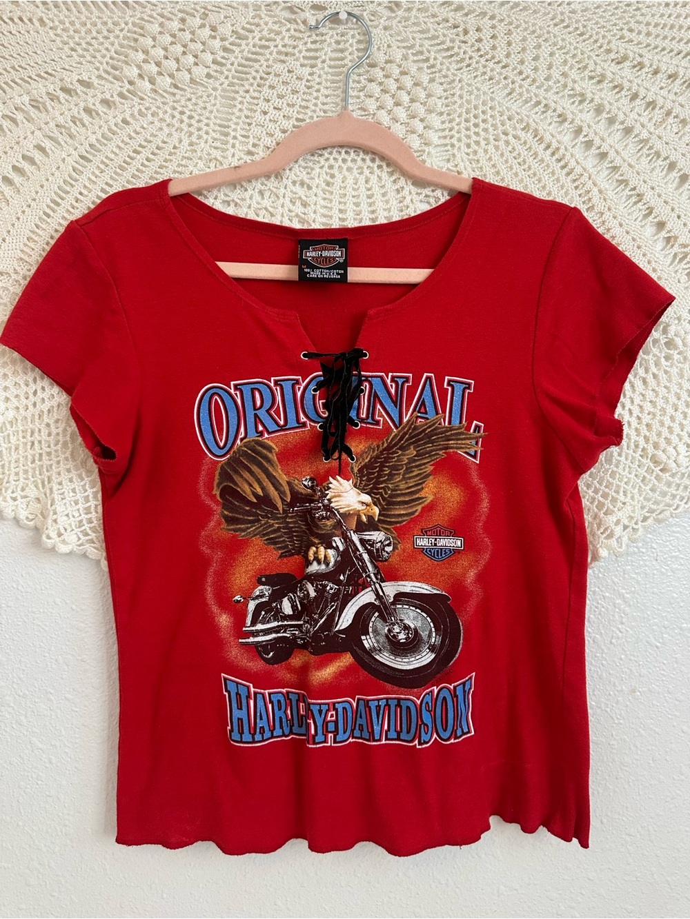 Harley Davidson Original Red Lace Up Graphic Tee Eagle Motorcycle Size M